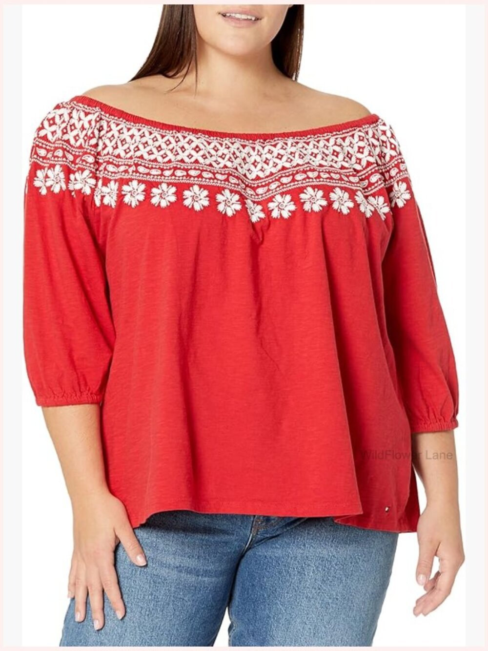 Off Shoulder Floral Neckline 3/4 Sleeve Shirt Cotton